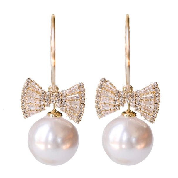 Pearl & Rhinestone Bow Earrings