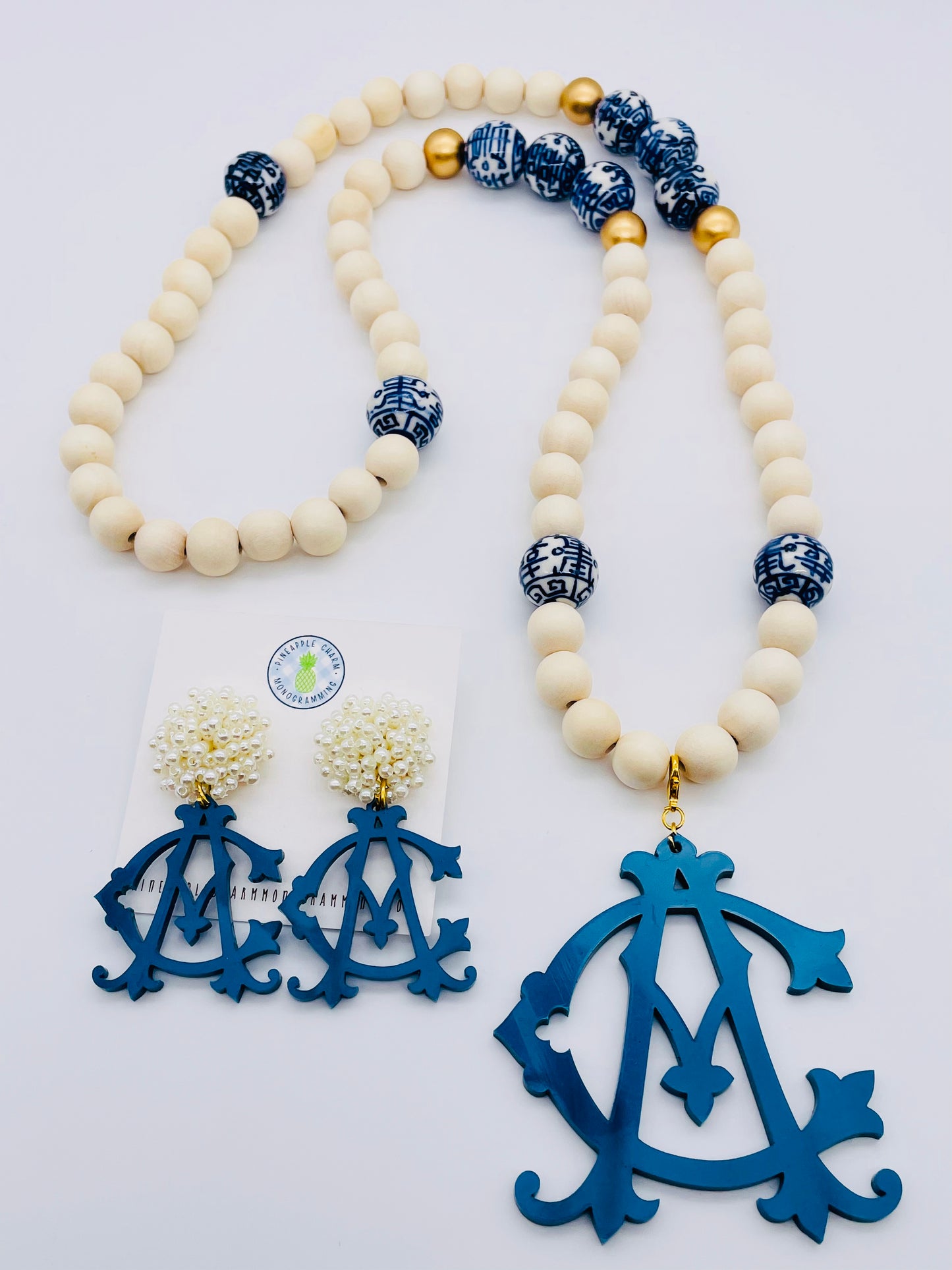 Blue & White Blaire Monogram Earrings