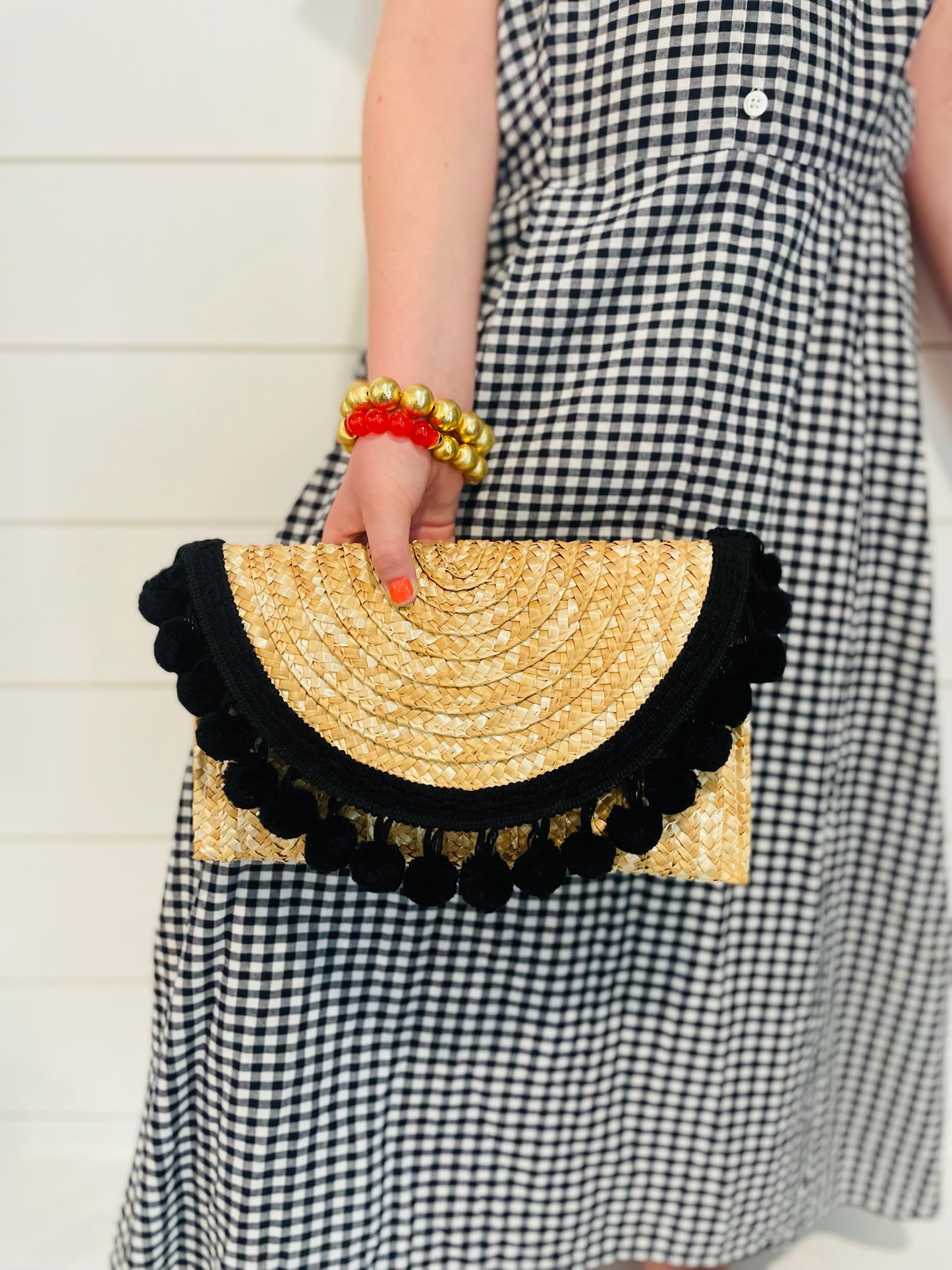 Black Pom-Pom Essential Straw Clutch