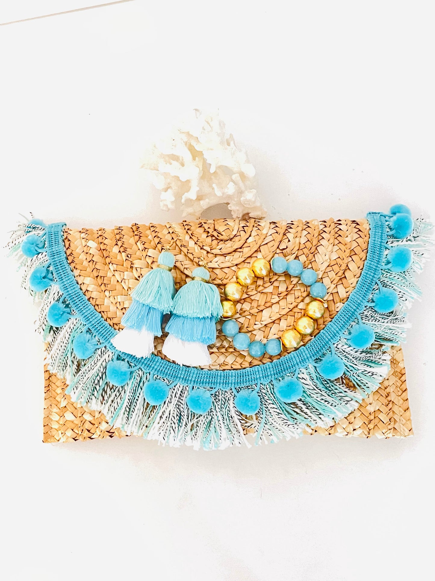 Blue Clematis Straw Clutch