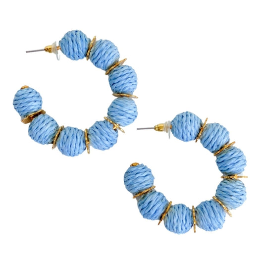 Light Blue Raffia Bead Hoop Earrings