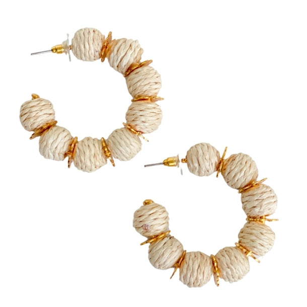 Natural Raffia Bead Hoop Earrings