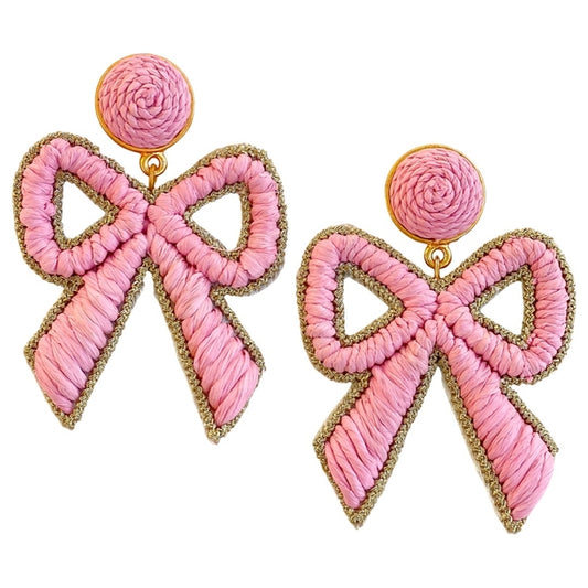 Pink Bow Raffia Earrings