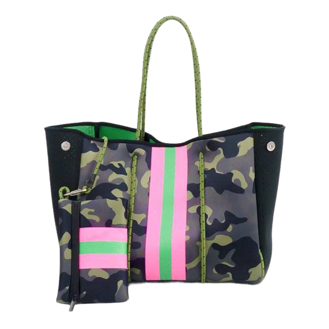 Neoprene Green Camouflage with Pink and Green Stripes Tote