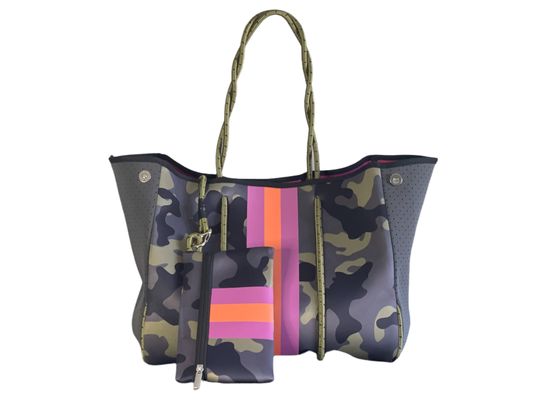 Neoprene Green Camouflage Pink and Orange Stripe Tote