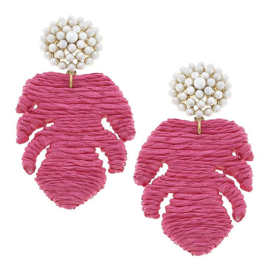 Pink Monstera Raffia & Pearl Earrings