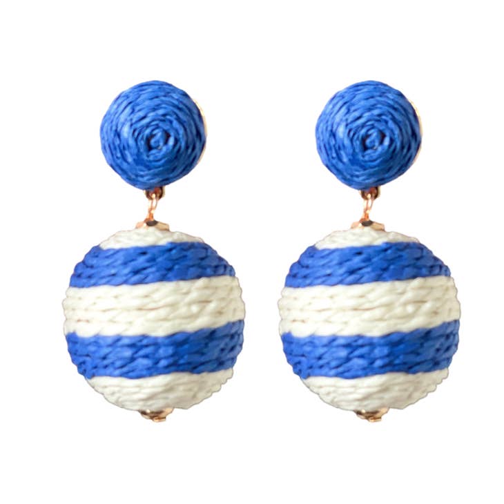 Blue and White Striped Lido Pom Pom Earrings