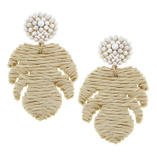 Mostera Leaf & Pearl Raffia Earrings