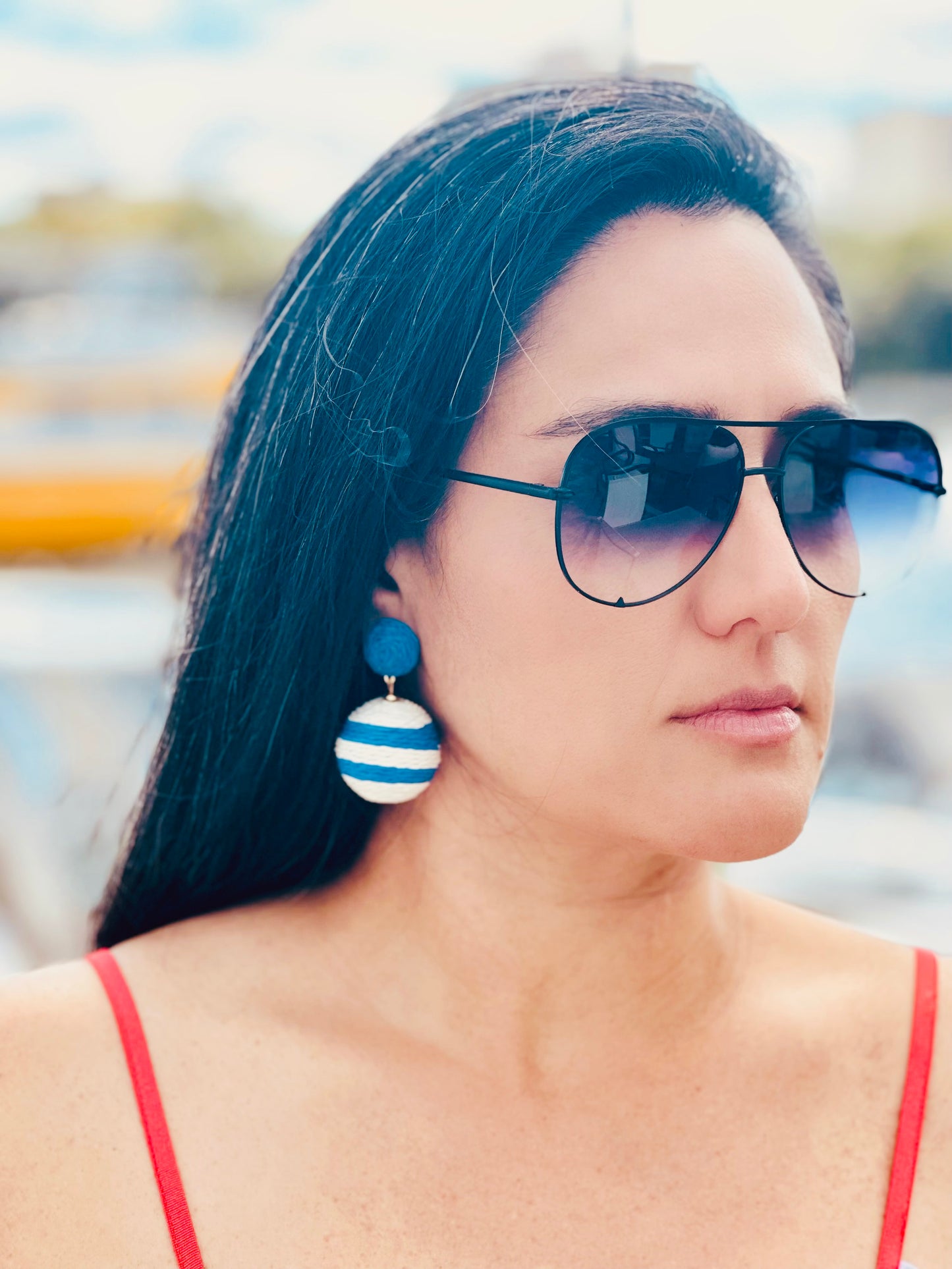 Blue and White Striped Lido Pom Pom Earrings