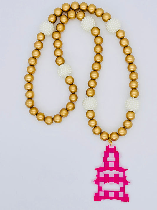 Pink Gingham Pagoda and Pearl Flora Necklace
