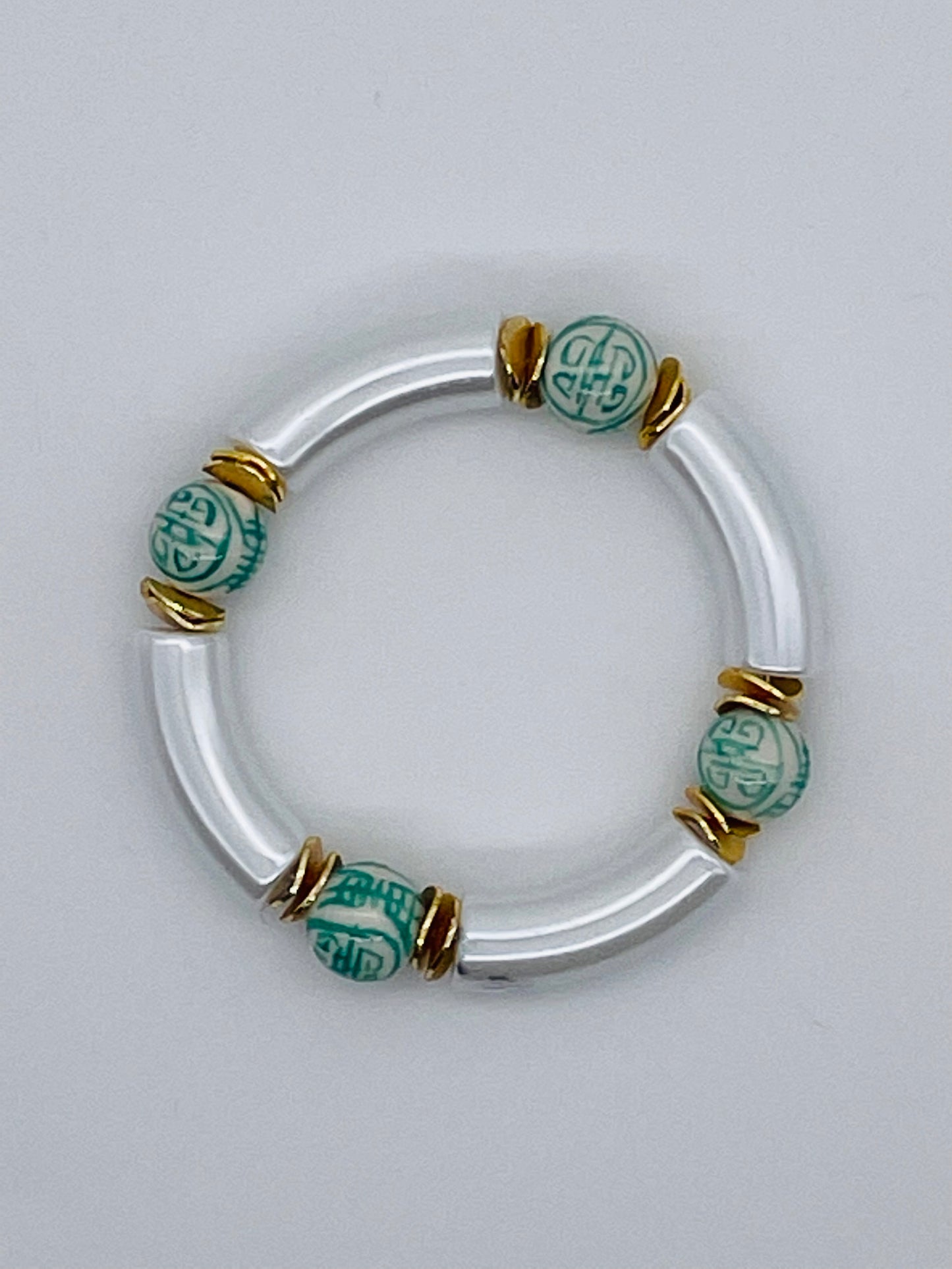 Pearl Tube & Green Chinoiserie Bead Brooks Bracelet