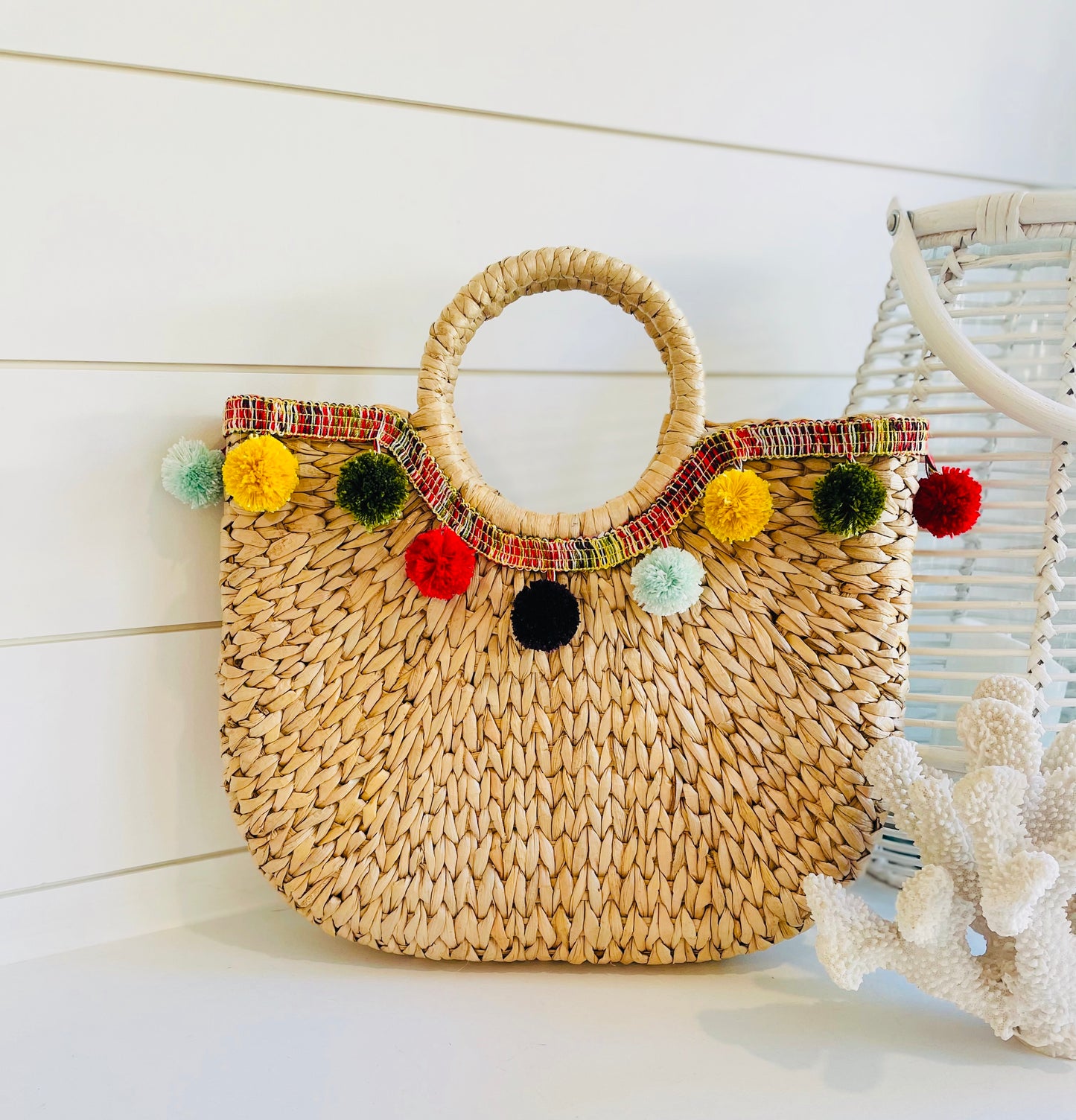 Boca Straw Pom-Pom Fringe Tote