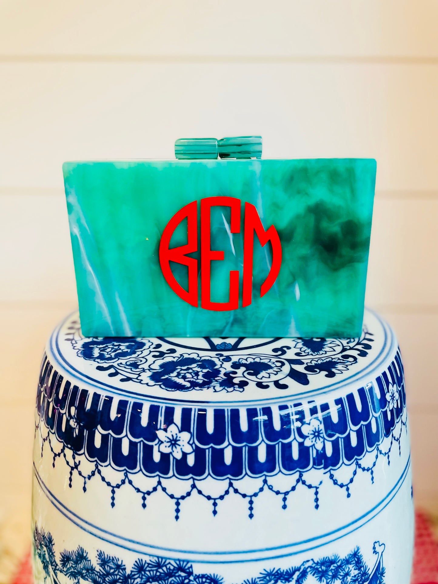 Green Malachite Monogrammed Clutch