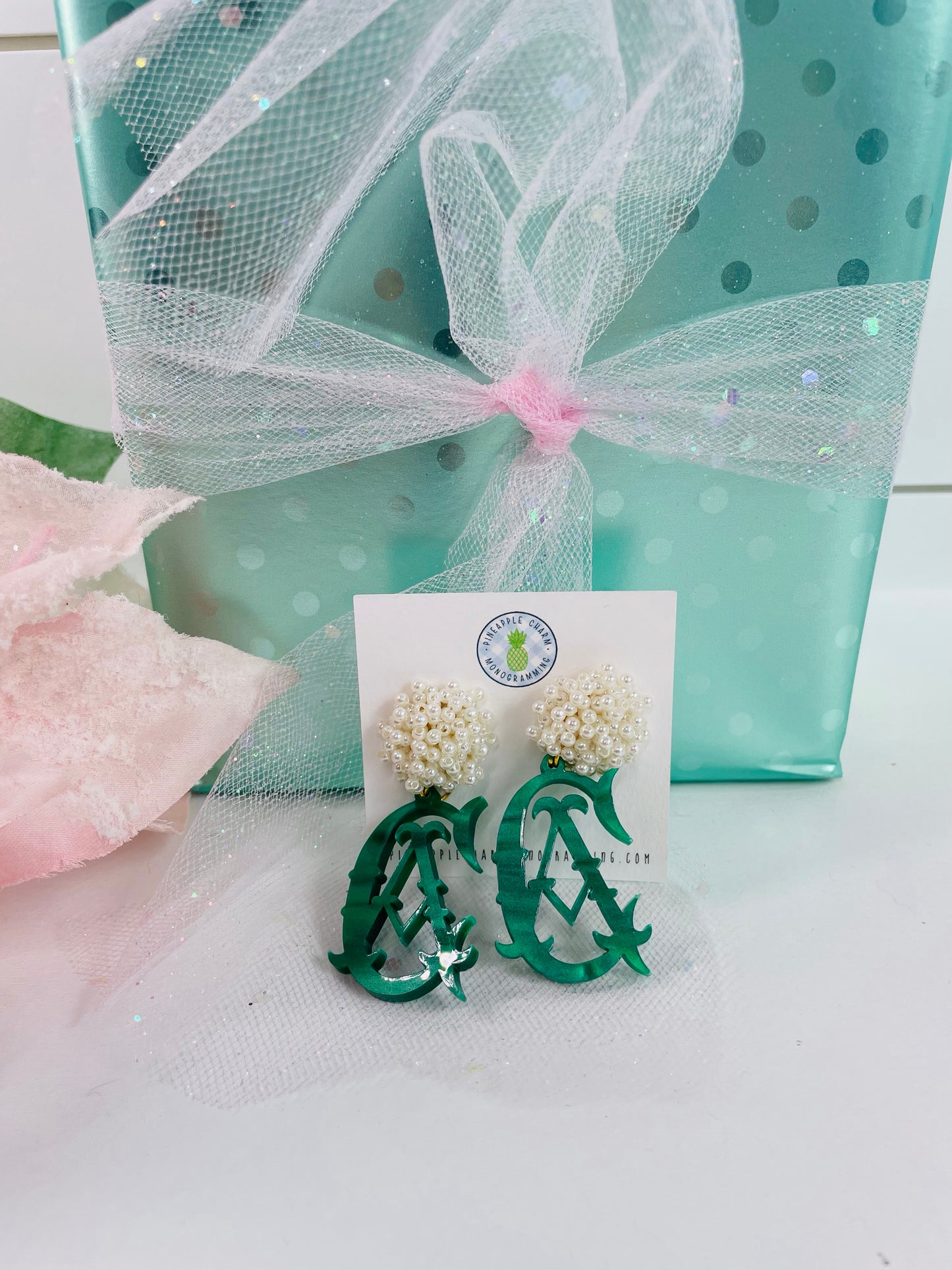 Green Marbled Sabrina Monogram Earrings