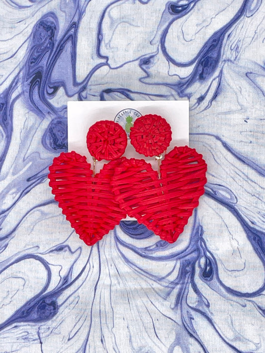 Red Rattan Heart Earrings