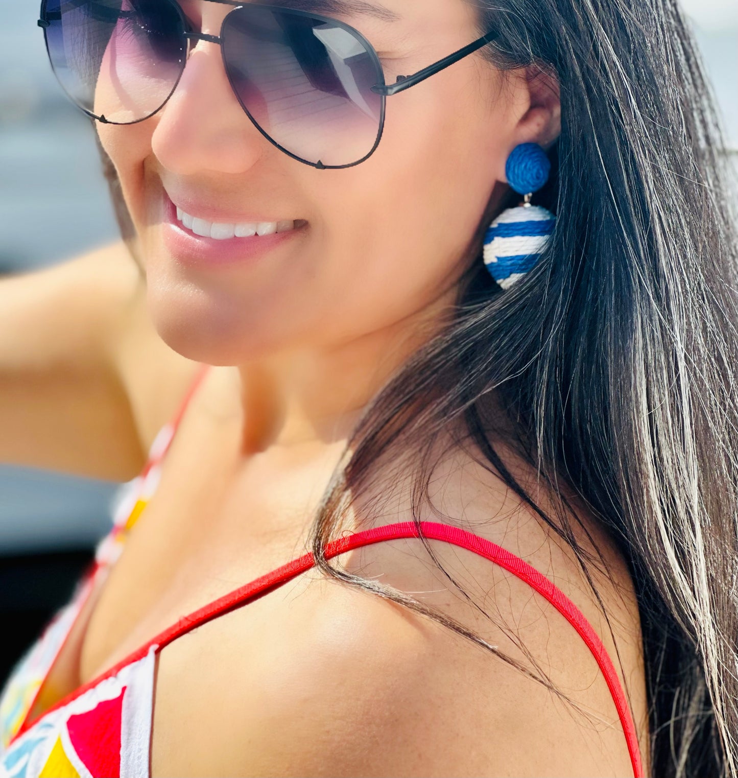 Blue and White Striped Lido Pom Pom Earrings