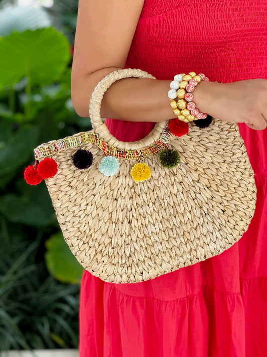 Boca Straw Pom-Pom Fringe Tote