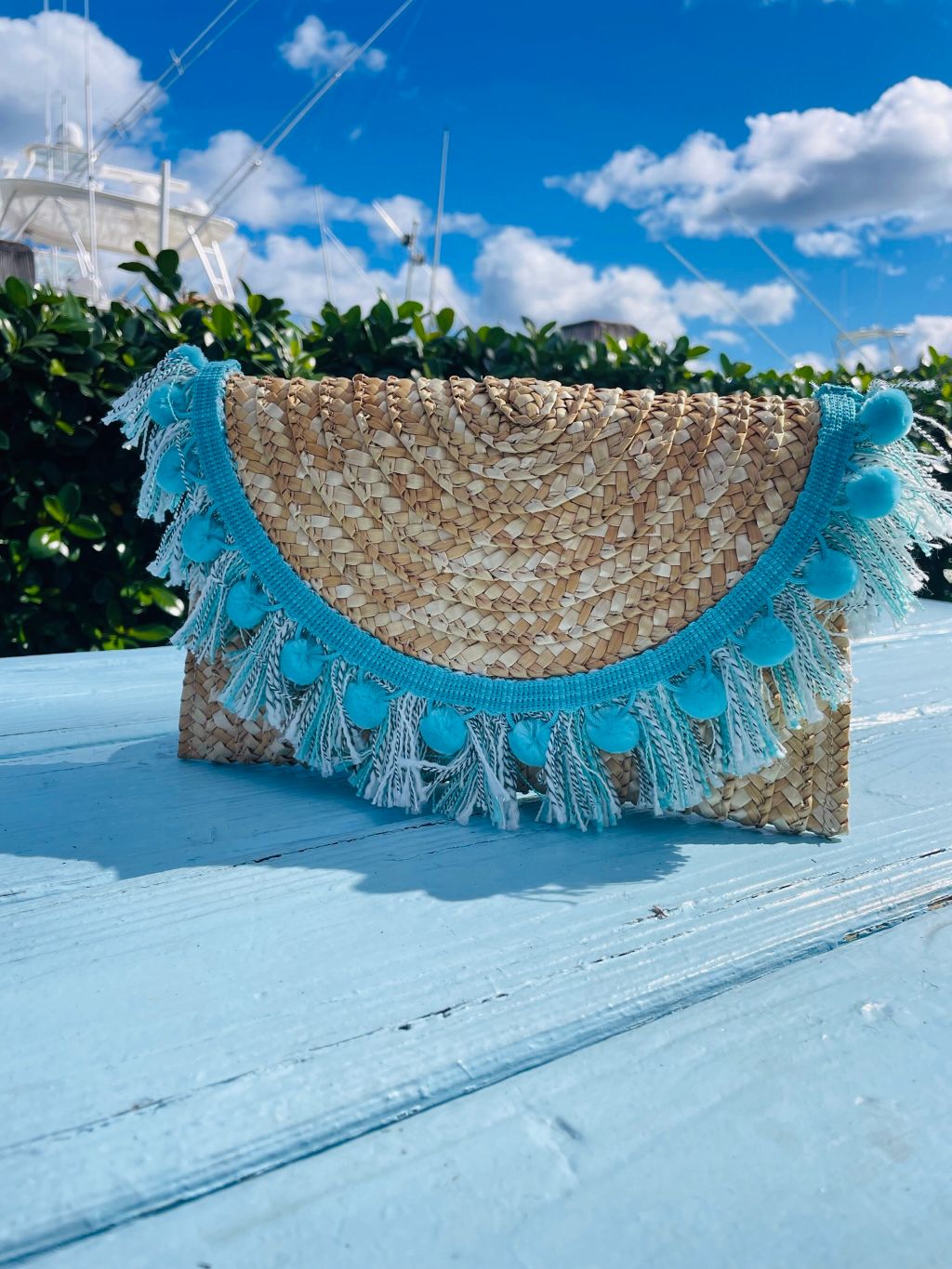 Blue Clematis Straw Clutch