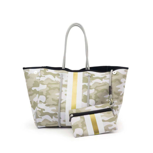 Neoprene Camouflage and Gold Striped Tote