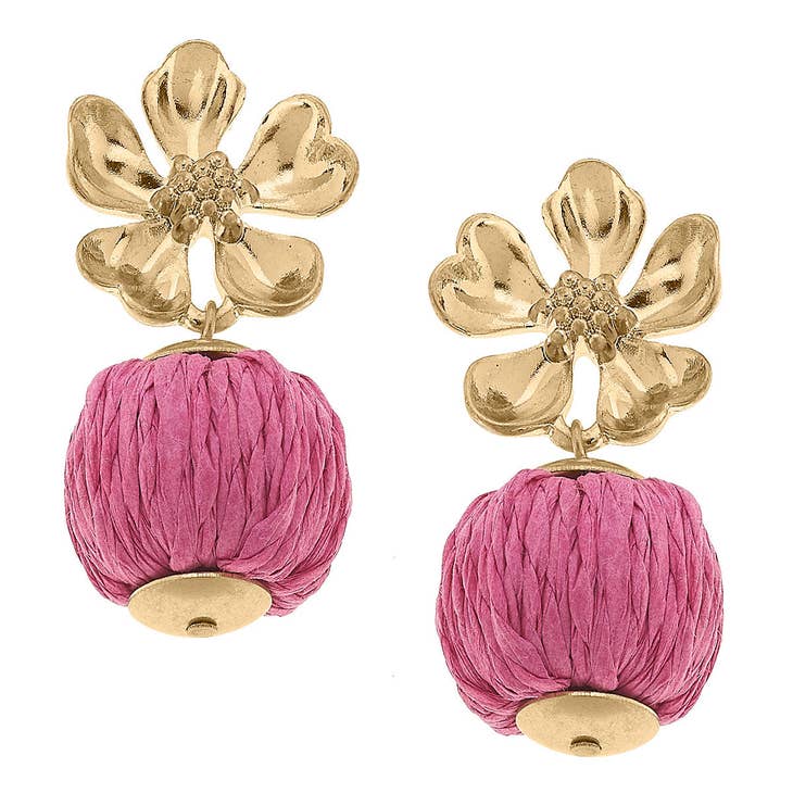 Beachy Pink Raffia & Gold Flower Earrings