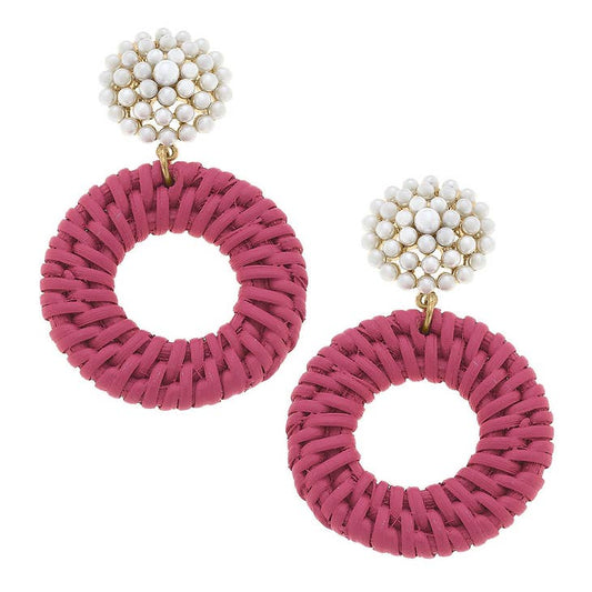 Pink Wicker & Pearl Drop Earrings